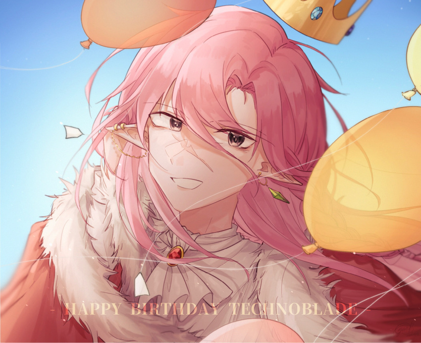 1boy, androgynous, animification, balloon, birthday, bishounen, cape, commentary, crown, dream_smp, english_commentary, fur_trim, happy_birthday, highres, humanization, juzo_xiii, long_hair, looking_at_viewer, male_focus, minecraft_youtube, pink_hair, pointy_ears, red_cape, shirt, smile, solo, technoblade, white_shirt