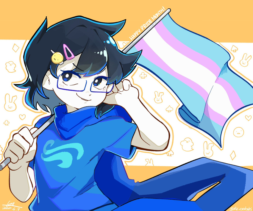 1girl, black_hair, blue_eyes, blue_hood, blue_shirt, closed_mouth, flag, glasses