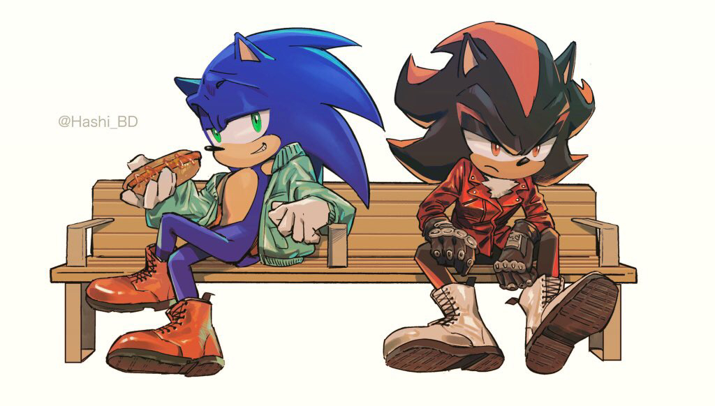 2boys, alternate_costume, animal_ears, animal_nose, bench, boots, commentary_request, food