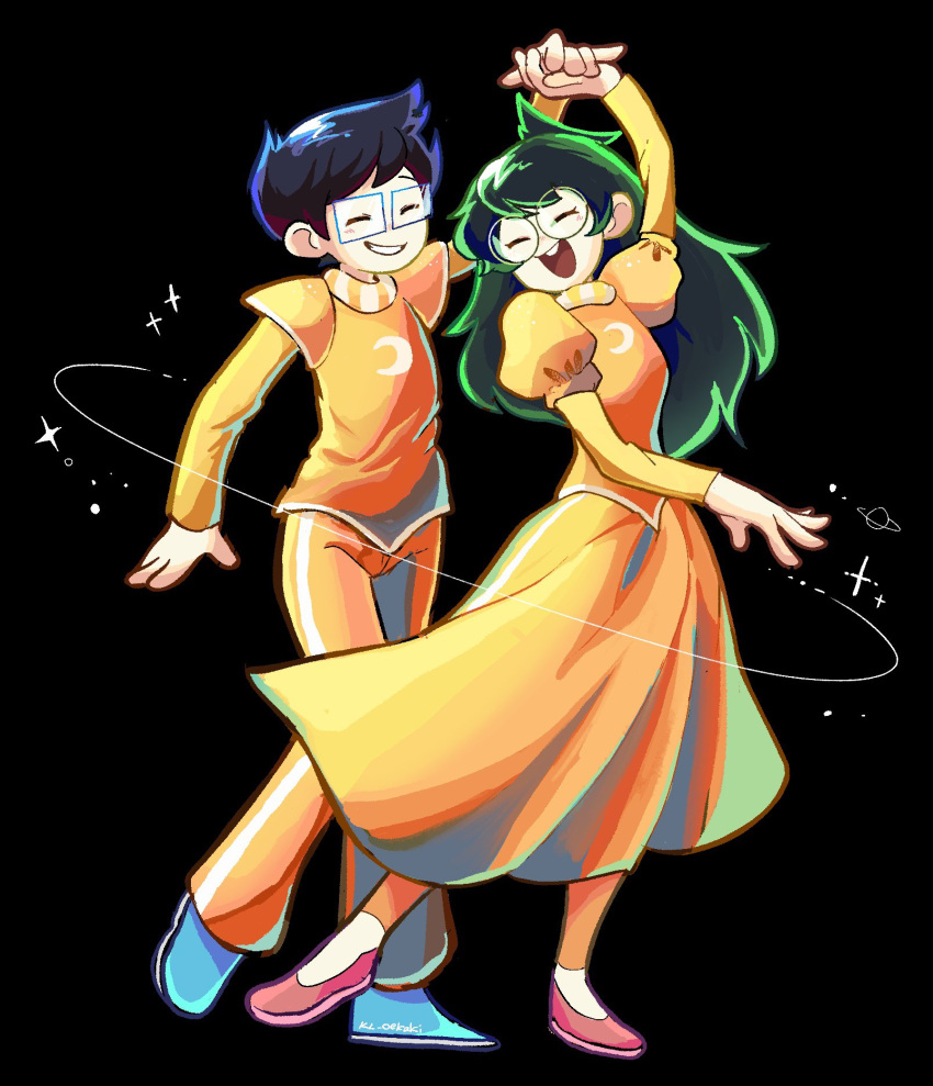 1boy, 1girl, arm_up, black_background, black_hair, blue_footwear, brother_and_sister, closed_eyes