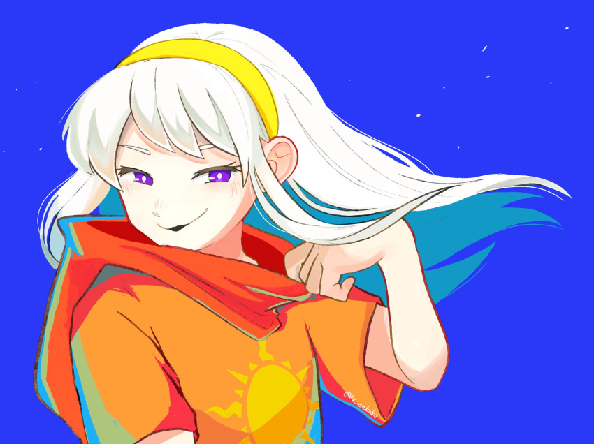 1girl, black_lips, blue_background, closed_mouth, dress, floating_hair, god_tier_(homestuck), hairband