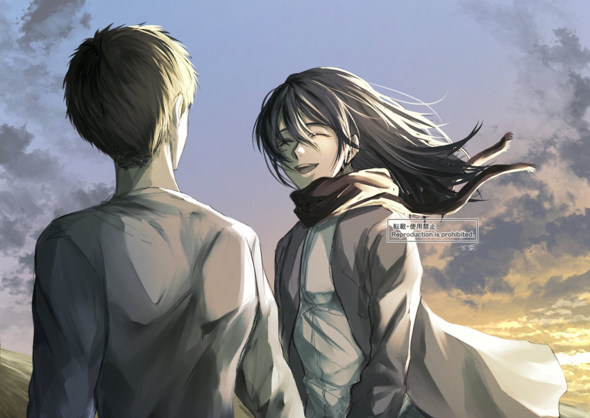 1boy, 1girl, brown_hair, clouds, eren_yeager, facing_viewer, floating_hair, happy