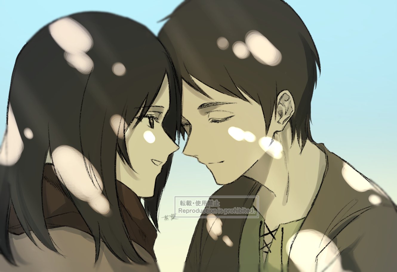 1boy, 1girl, brown_hair, closed_eyes, ending_song, eren_yeager, forehead-to-forehead, from_side