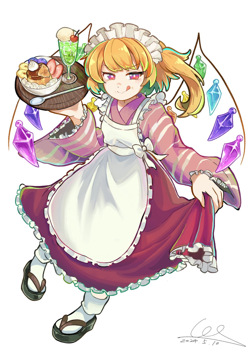 1girl, :q, alternate_costume, apron, blonde_hair, cherry, closed_mouth, crystal_wings