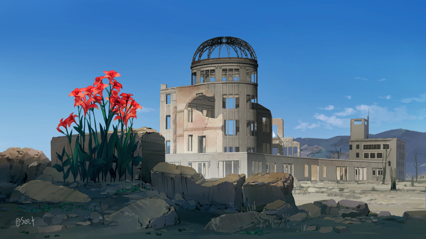 abandoned, atomic_bombings_of_hiroshima_and_nagasaki, blue_sky, building, clouds, commentary, dome, flower