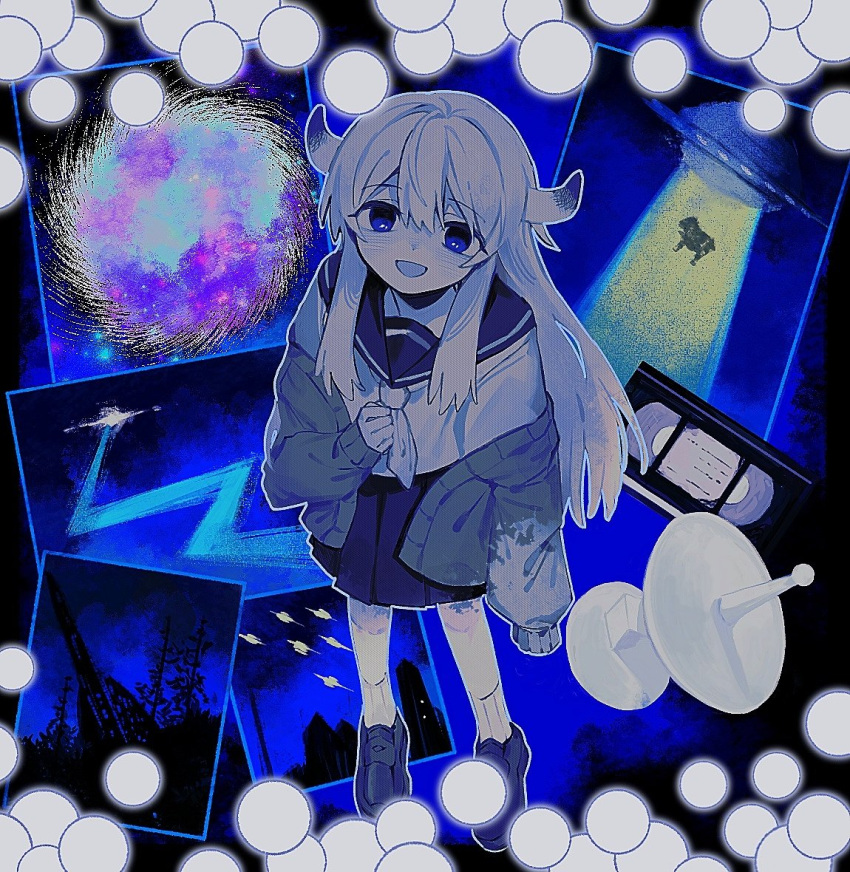 1girl, :d, abduction, blue_eyes, blue_footwear, blue_sailor_collar, blue_skirt, blue_theme