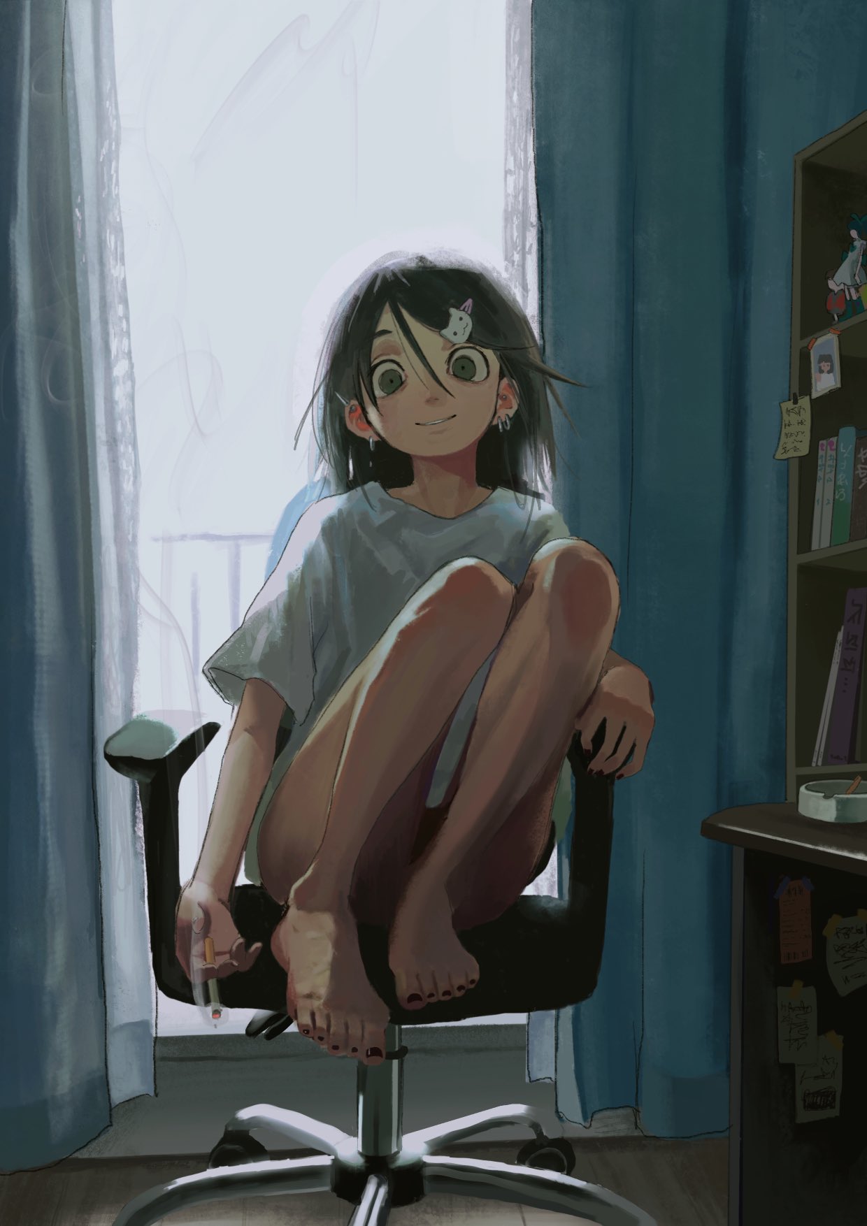 1girl, ashtray, barefoot, black_hair, black_nails, book, chair, cigarette