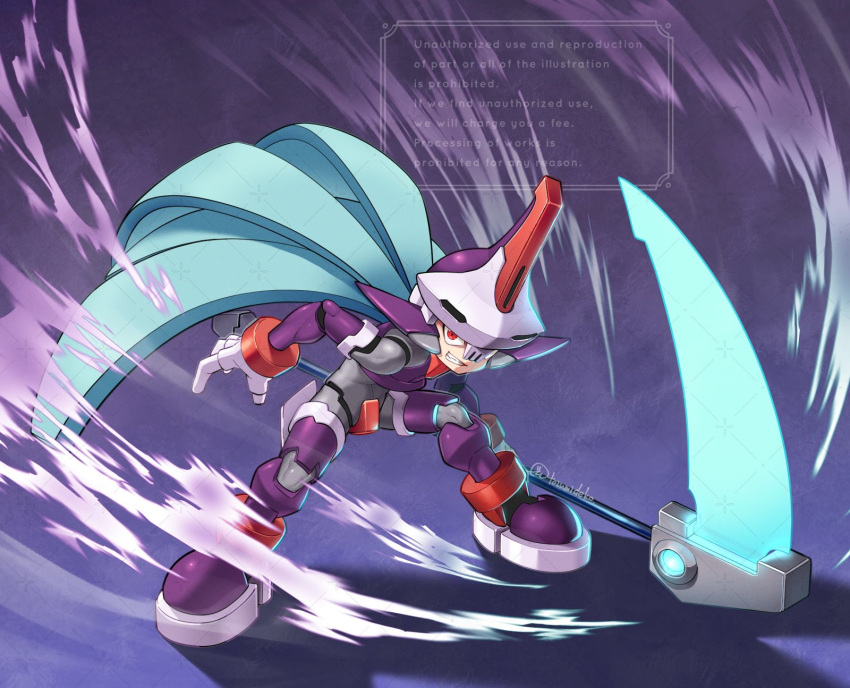 1boy, android, armor, bent_over, blue_hair, commission, energy_blade, full_body