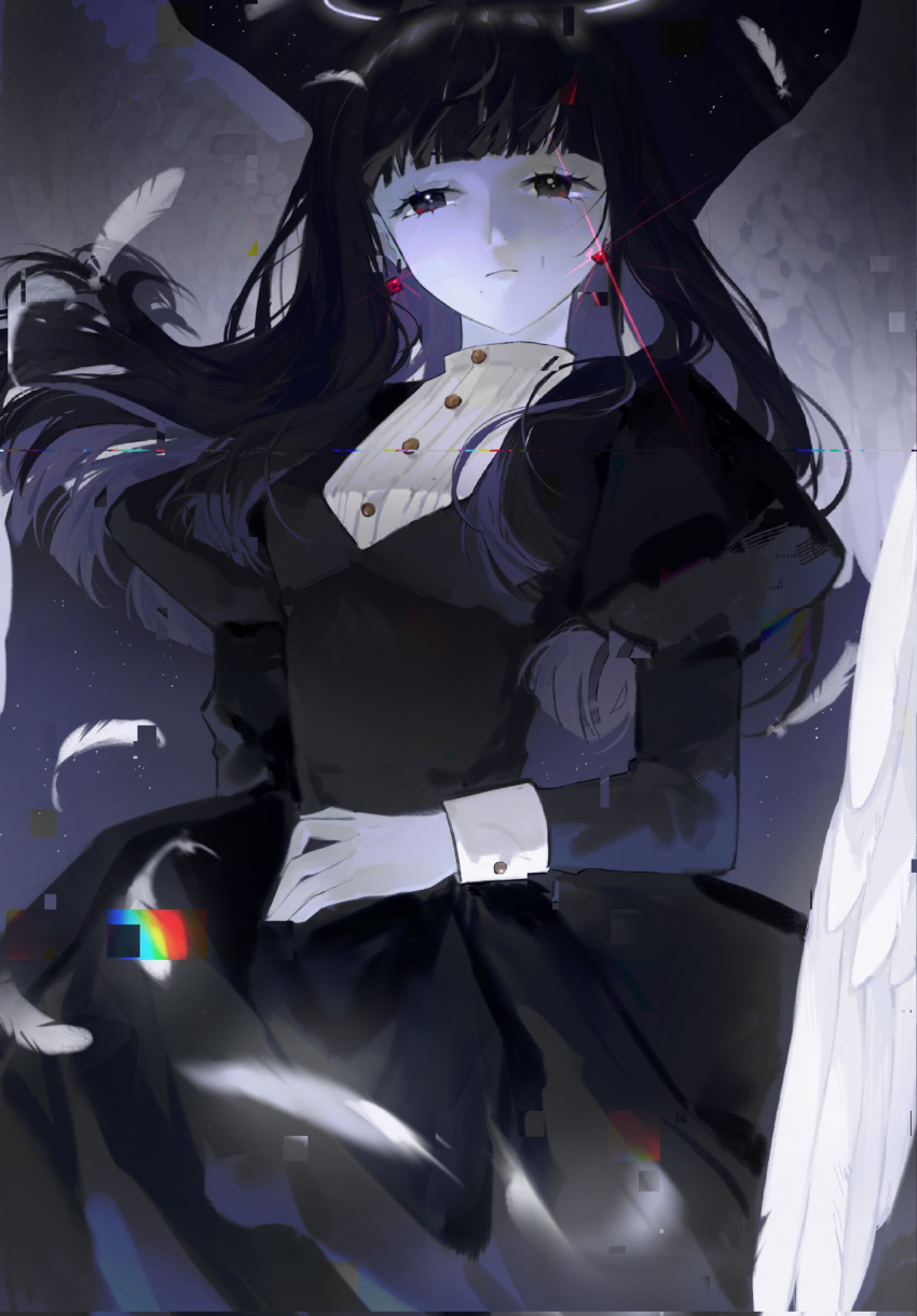 1girl, angel, angel_wings, black_background, black_dress, black_eyes, black_hair, blunt_bangs