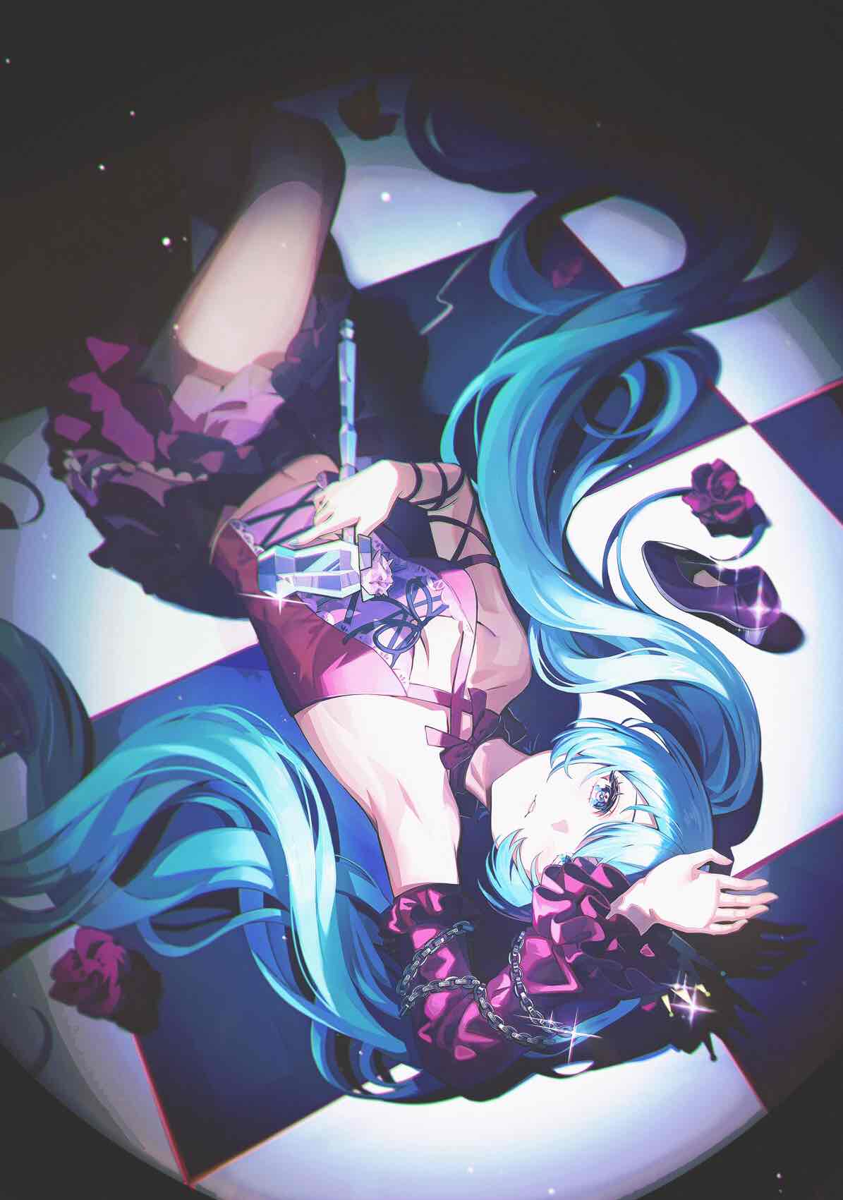1girl, aqua_eyes, aqua_hair, arm_ribbon, bare_shoulders, blue_eyes, blue_hair, chain