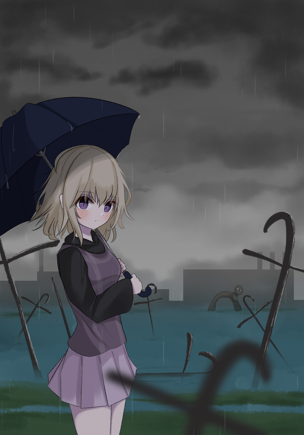 1girl, black_sweater, blonde_hair, blue_umbrella, closed_mouth, clouds, cloudy_sky, grey_skirt, grey_sky, highres, holding, holding_umbrella, long_sleeves, looking_at_viewer, medium_hair, mitarashi_dayo, plaid_clothes, plaid_sweater_vest, plaid_vest, purple_sweater_vest, rain, skirt, sky, slit_pupils, solo, surreal, sweater, sweater_vest, umbrella, urotsuki, vest, violet_eyes, water, wetland, yume_2kki