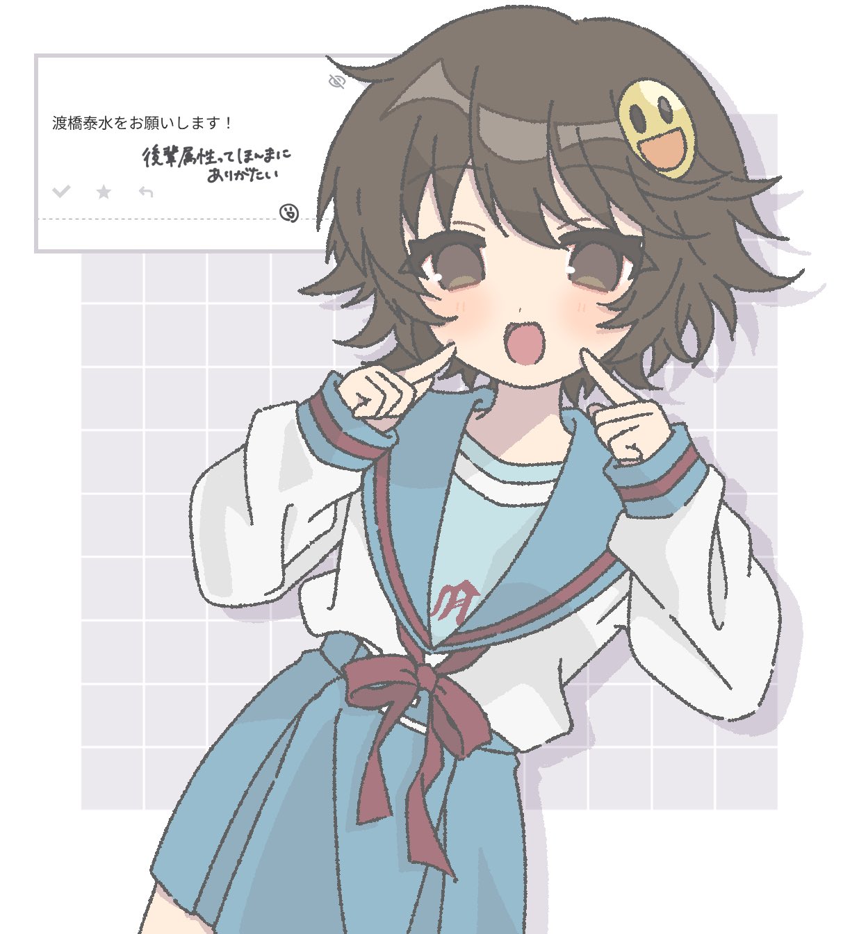 1girl, :d, blue_sailor_collar, blue_skirt, brown_eyes, brown_hair, cowboy_shot, fingers_to_cheeks, highres, kita_high_school_uniform, long_sleeves, looking_at_viewer, nanonome, open_mouth, pleated_skirt, red_ribbon, ribbon, sailor_collar, school_uniform, serafuku, shirt, short_hair, simple_background, skirt, smile, smiley_hair_ornament, solo, standing, suzumiya_haruhi_no_yuuutsu, tongue, watahashi_yasumi, white_background, white_shirt