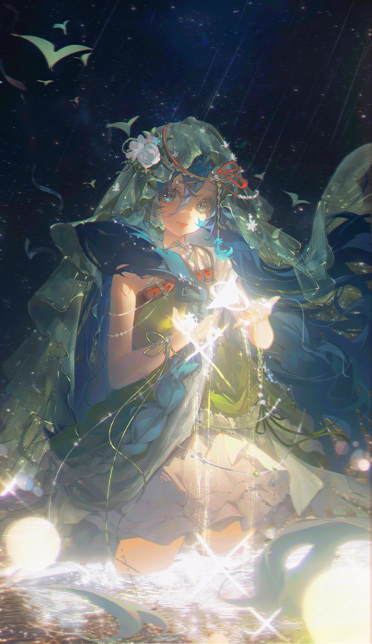 1girl, 37_(reverse:1999), :d, blue_eyes, blue_hair, cowboy_shot, dress, flower, freezing_(lnsn299157), frilled_dress, frills, glowing, green_dress, green_veil, hair_flower, hair_ornament, hair_over_shoulder, hands_up, highres, long_hair, looking_at_viewer, night, night_sky, official_alternate_costume, partially_submerged, reverse:1999, short_dress, short_sleeves, sky, smile, solo, star_(sky), starry_sky, triangle, very_long_hair, wading, water, white_flower
