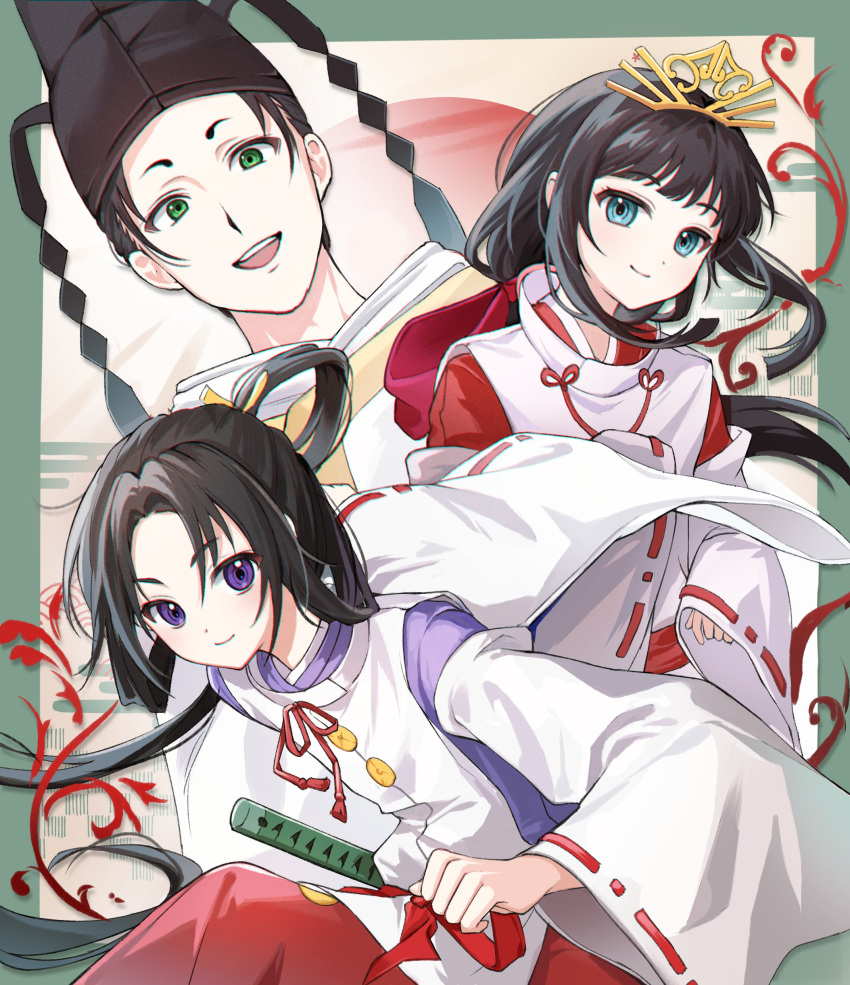 1girl, 2boys, absurdres, bishounen, black_hair, blue_eyes, border, bow