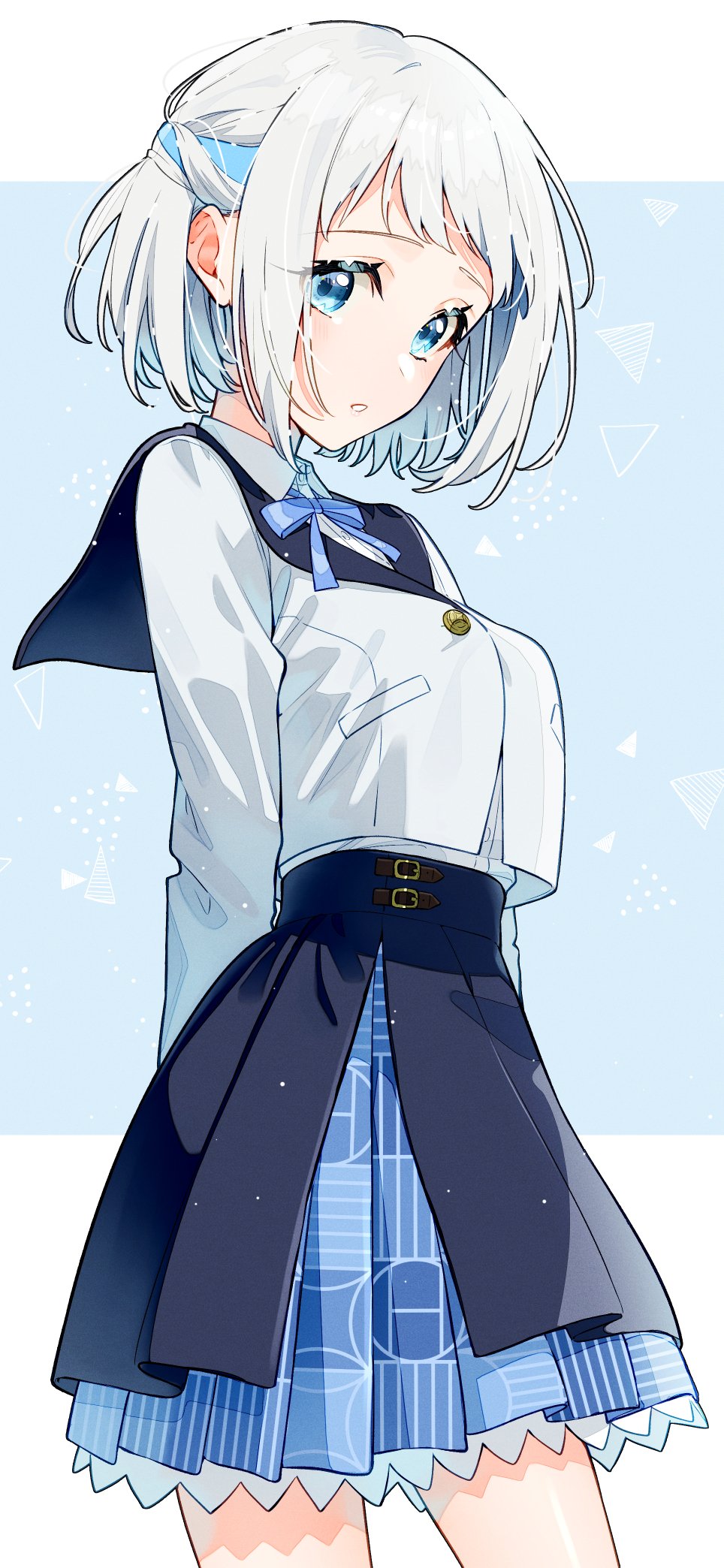 1girl, :o, arm_behind_back, black_overskirt, blue_eyes, blue_ribbon, blue_skirt, blush