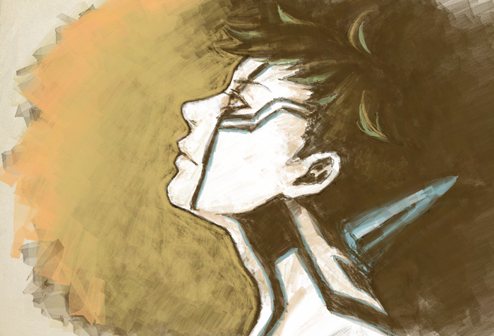black_hair, hitoshura, horns, looking_up, male, meji, painting, portrait
