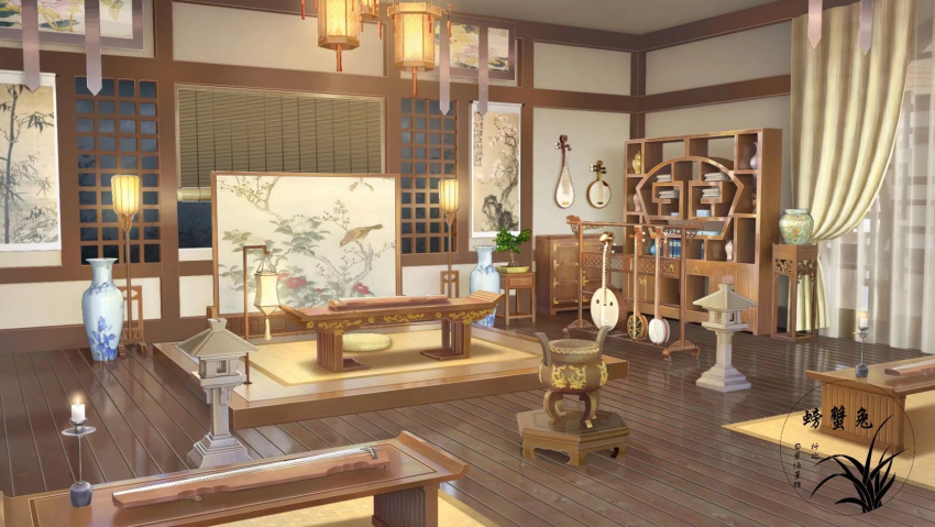 architecture, bonsai, candle, candlestand, chinese_commentary, curtains, east_asian_architecture, hanging_scroll