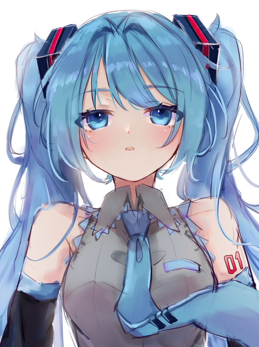 1girl, aqua_eyes, aqua_hair, aqua_necktie, arms_at_sides, bare_shoulders, black_sleeves, blue_eyes