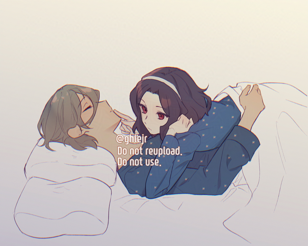 2girls, blue_shirt, brown_hair, closed_eyes, closed_mouth, commentary_request, cuddling, ebizuka_tomo