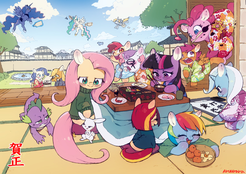 1boy, 6+girls, absurdres, alternate_costume, angel_(my_little_pony), animal, animal_focus, apple_bloom