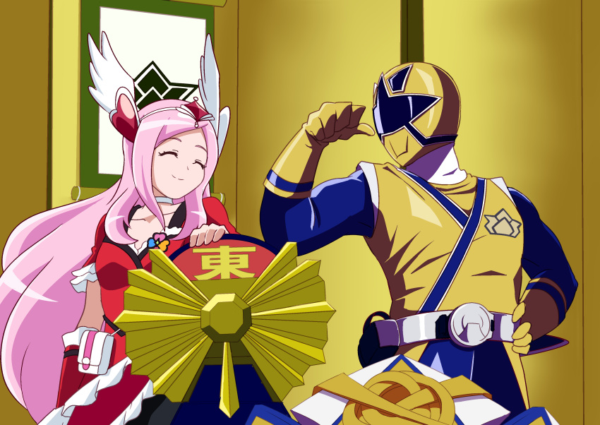 1boy, 1girl, absurdres, arm_up, assault_visor, belt, belt_buckle, blue_bodysuit
