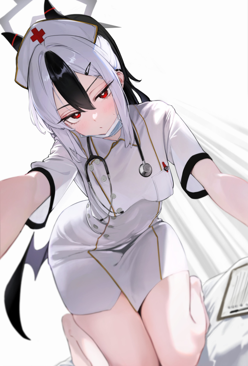 1girl, absurdres, all_fours, alternate_costume, black_hair, blue_archive, blush, bright_pupils