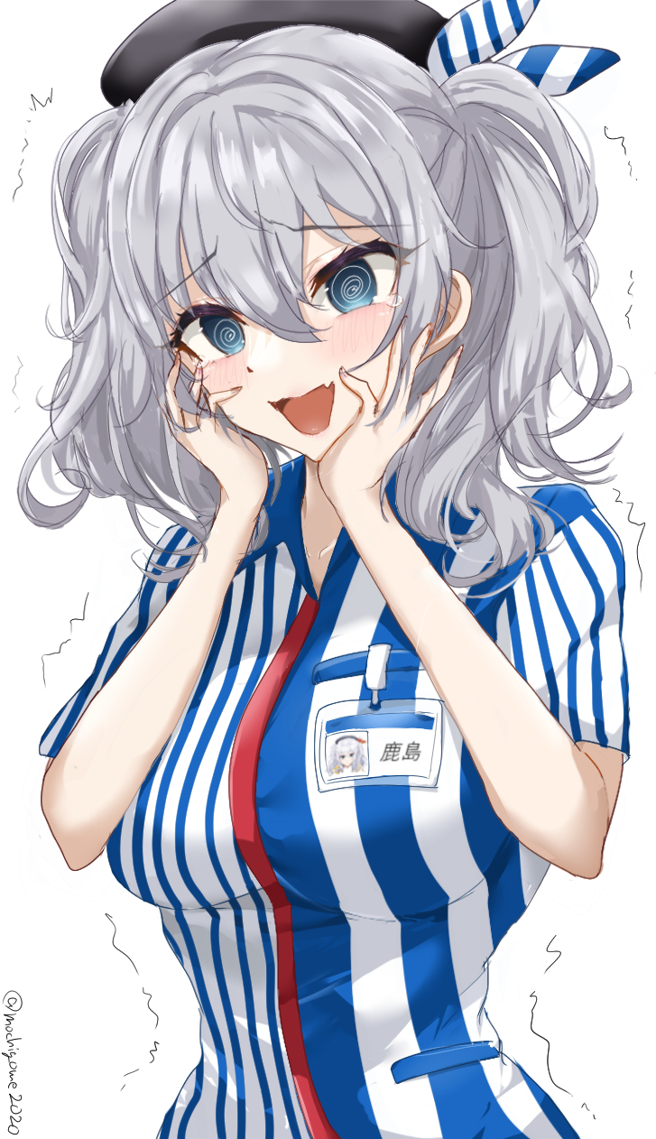 1girl, @_@, beret, blue_eyes, blush, breasts, chamumi_(mochiumee), employee_uniform, grey_hair, hat, highres, kantai_collection, kashima_(kancolle), kashima_(lawson)_(kancolle), large_breasts, lawson, long_hair, looking_at_viewer, name_tag, open_mouth, shirt, short_sleeves, striped_clothes, striped_shirt, twintails, uniform, upper_body, vertical-striped_clothes, vertical-striped_shirt, wavy_hair, white_background