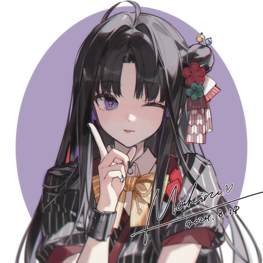 1girl, ahoge, awa_subaru, black_hair, black_nails, bow, bowtie, collared_shirt