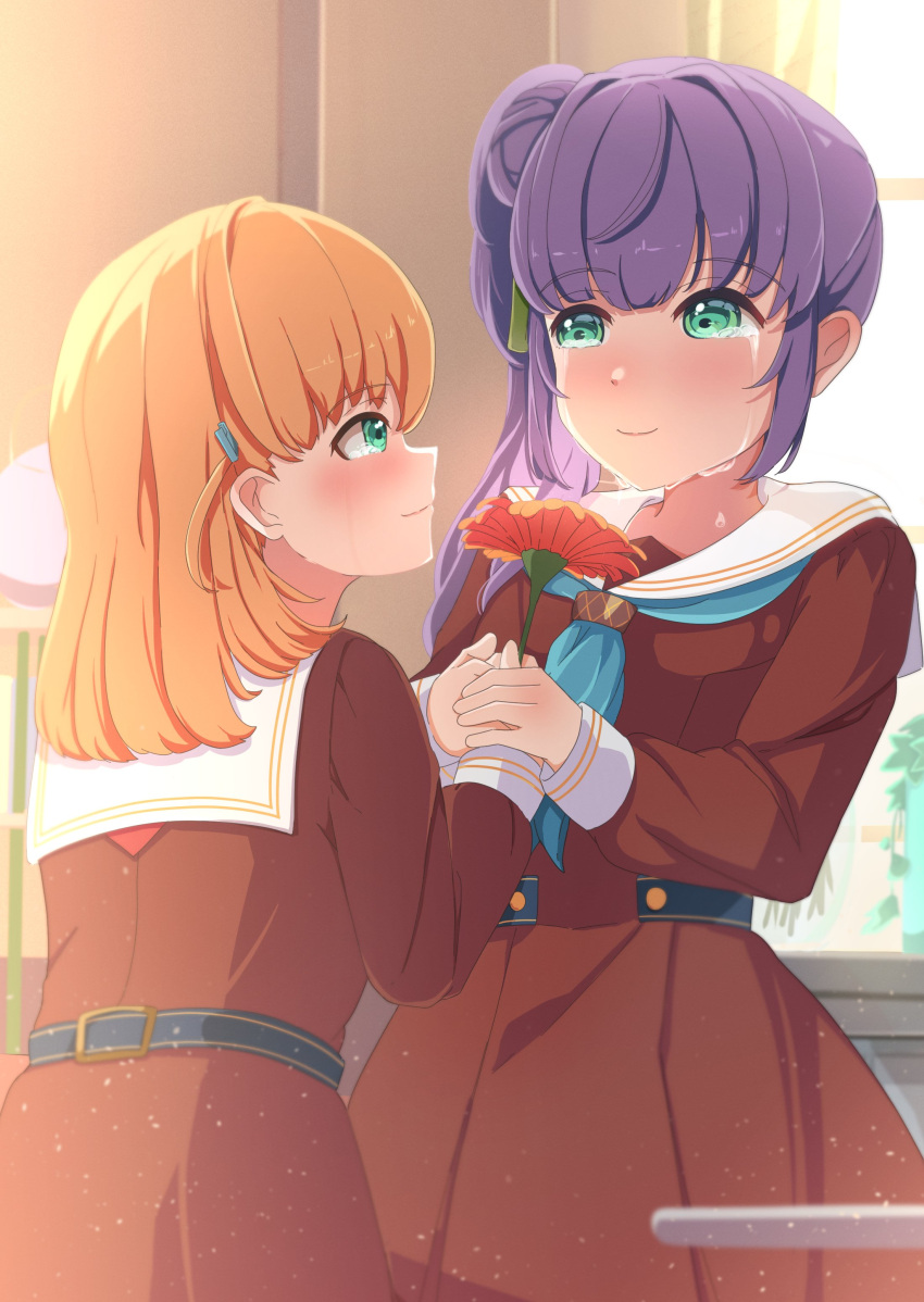 2girls, absurdres, aqua_eyes, blue_neckerchief, blush, brown_dress, cerise_bouquet, closed_mouth, clubroom, commentary_request, cowboy_shot, crossed_bangs, crying, crying_with_eyes_open, dress, eye_contact, flower, gerbera, green_eyes, hair_bun, hair_ornament, hasu_no_sora_school_uniform, highres, hinoshita_kaho, holding, holding_flower, indoors, kametora_(kametora02), light_particles, link!_like!_love_live!, long_hair, long_sleeves, looking_at_another, love_live!, medium_hair, multiple_girls, neckerchief, nose_blush, orange_flower, orange_hair, otomune_kozue, pleated_dress, purple_hair, rabbit_hair_ornament, red_neckerchief, sailor_collar, sailor_dress, school_uniform, side_ponytail, sidelocks, single_side_bun, smile, tears, two_side_up, white_sailor_collar, window, winter_uniform