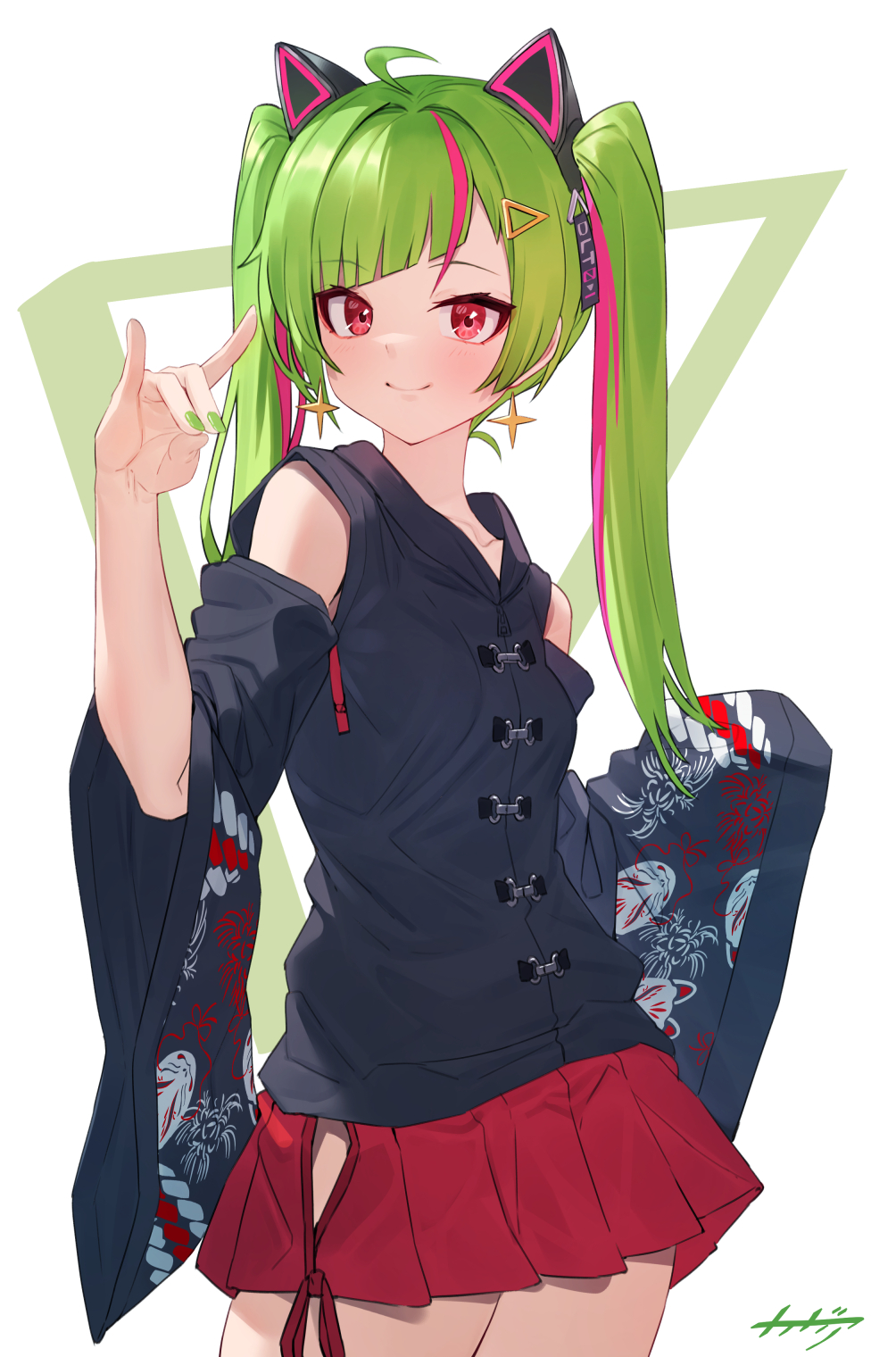 1girl, ahoge, animal_ear_headphones, animal_ears, arpeggio_kaga, black_shirt, black_sleeves, breasts