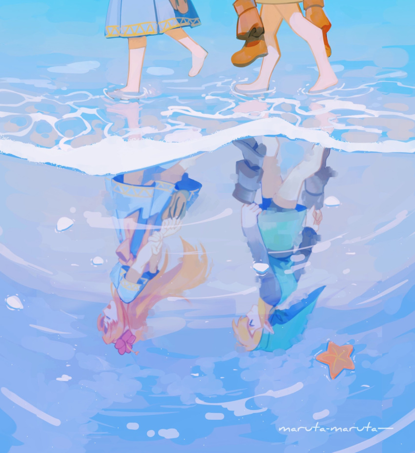 1boy, 1girl, arms_behind_back, artist_name, barefoot, blonde_hair, blue_dress, blue_eyes