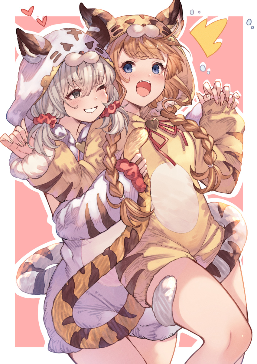 2girls, absurdres, animal_costume, animal_hood, animal_print, ayacho, blonde_hair, blue_eyes