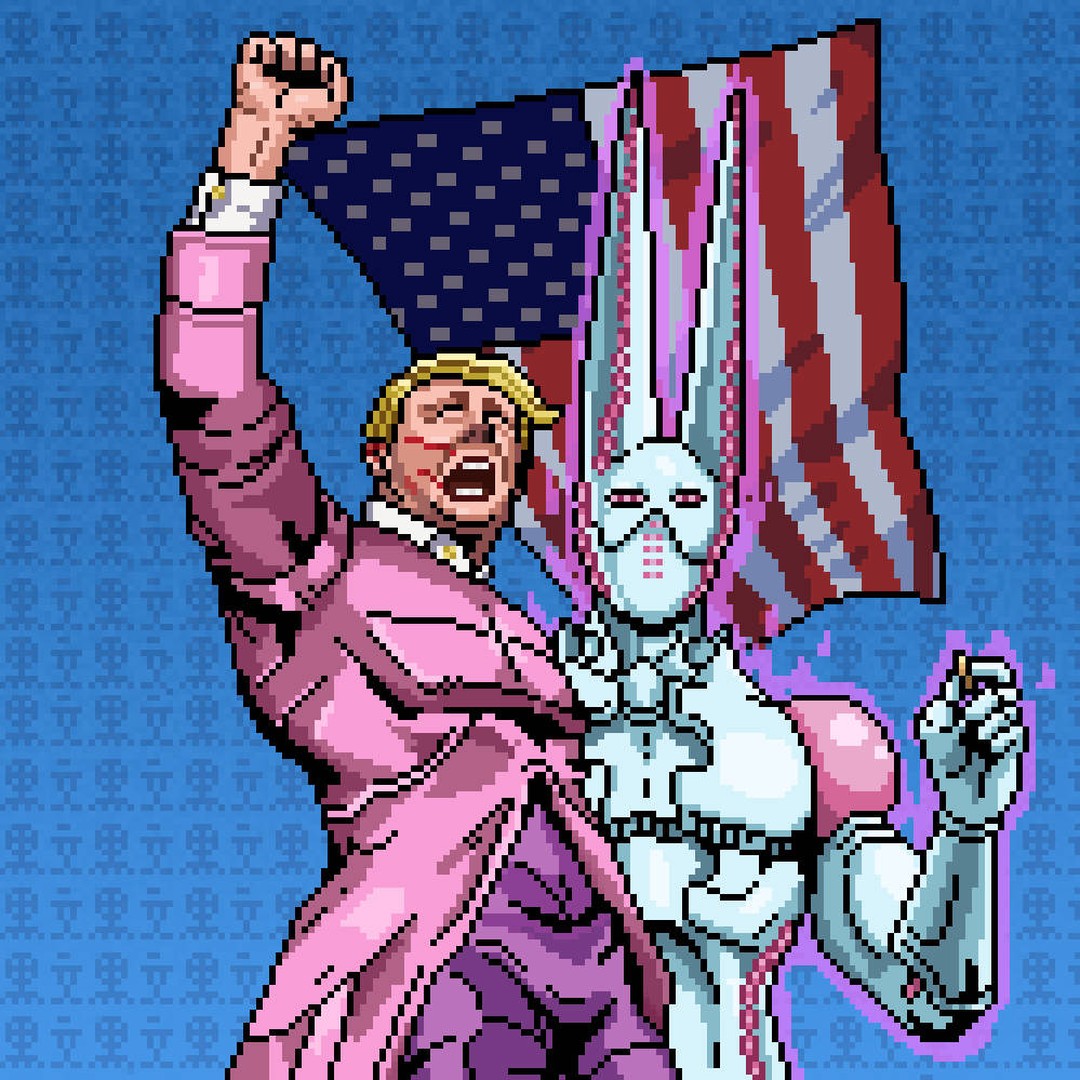 2024_attempted_assassination_of_donald_trump, 2boys, american_flag, arm_up, blonde_hair, blood, blood_on_ears, blood_on_face
