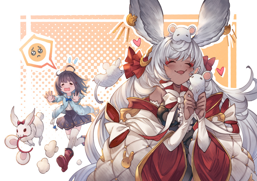 2girls, ^_^, ahoge, animal, animal_ears, animal_on_head, ayacho, black_hair