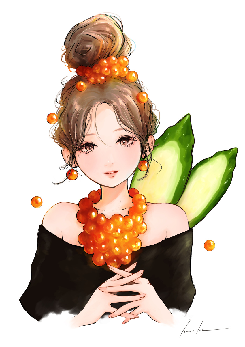 1girl, absurdres, bare_shoulders, black_shirt, brown_hair, commentary_request, cucumber, cucumber_slice