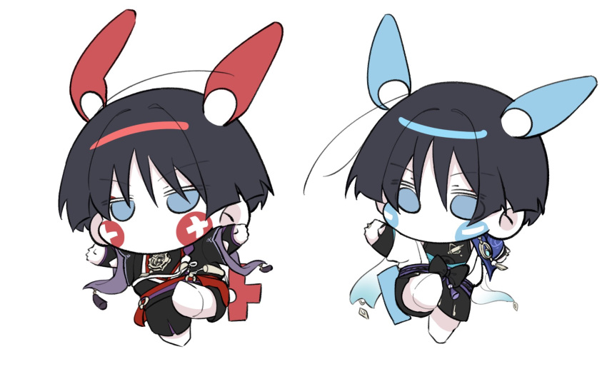 2boys, animal_ears, armor, black_bow, black_hair, black_kimono, black_shorts, black_sleeves