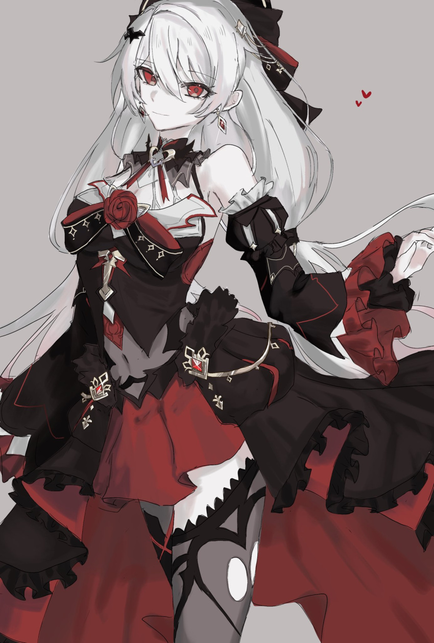 1girl, bare_shoulders, black_bow, black_dress, black_overskirt, bow, covered_navel, detached_sleeves, dress, earrings, feet_out_of_frame, flower, frilled_dress, frills, hair_between_eyes, hair_bow, hair_ornament, hand_up, heart, highres, honkai_(series), honkai_impact_3rd, jewelry, long_hair, looking_at_viewer, low_twintails, red_eyes, red_flower, red_rose, rose, see-through, smile, solo, theresa_apocalypse, theresa_apocalypse_(luna_kindred), theresa_apocalypse_(lunar_vow:_crimson_love), twintails, une_xx, white_hair