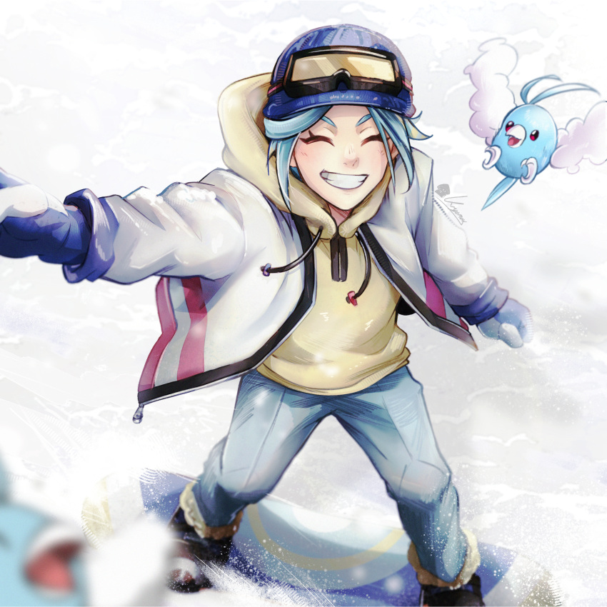 1boy, absurdres, aqua_hair, beanie, blue_hat, blurry, blurry_foreground, boots