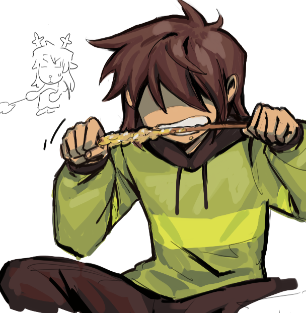1girl, 1other, biting, black_pants, brown_hair, deltarune, food, goomyloid, green_hoodie, hair_over_eyes, holding, holding_food, hood, hoodie, kris_(deltarune), noelle_holiday, pants, short_hair, simple_background, skewer, striped_clothes, striped_hoodie, teeth, v-shaped_eyebrows, white_background
