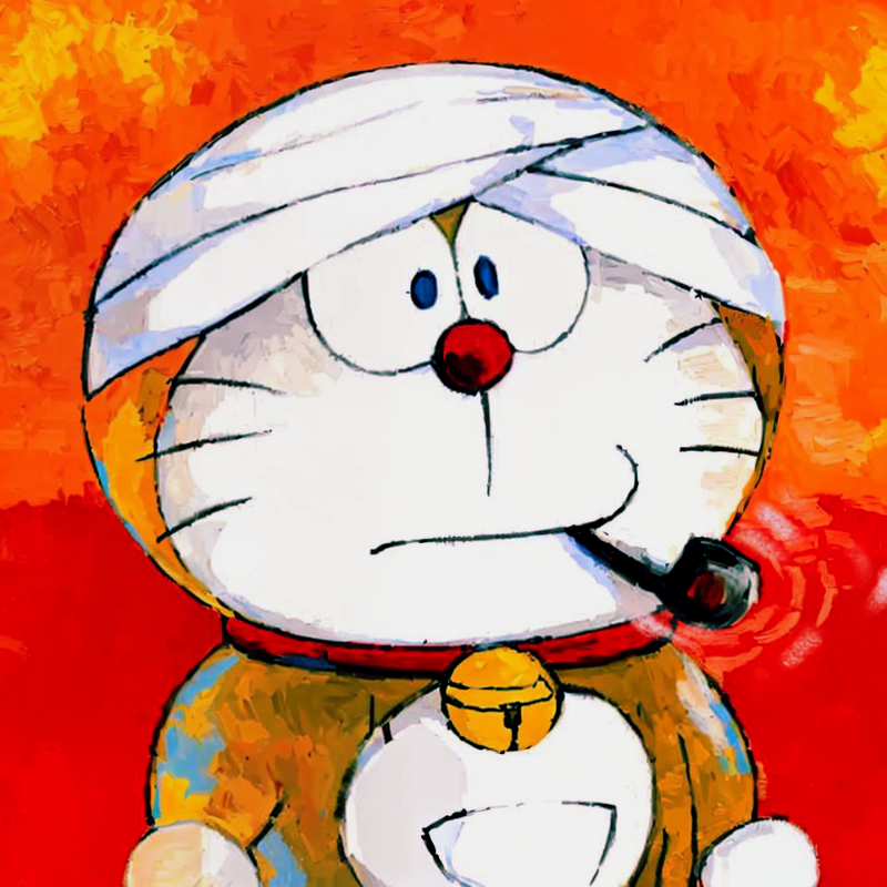 1boy, bandages, bell, collar, doraemon, doraemon_(character), fine_art_parody, jingle_bell, mochizuki_tagosaku, no_humans, official_alternate_color, parody, red_collar, red_nose, smoking_pipe, solo, van_gogh_self-portrait