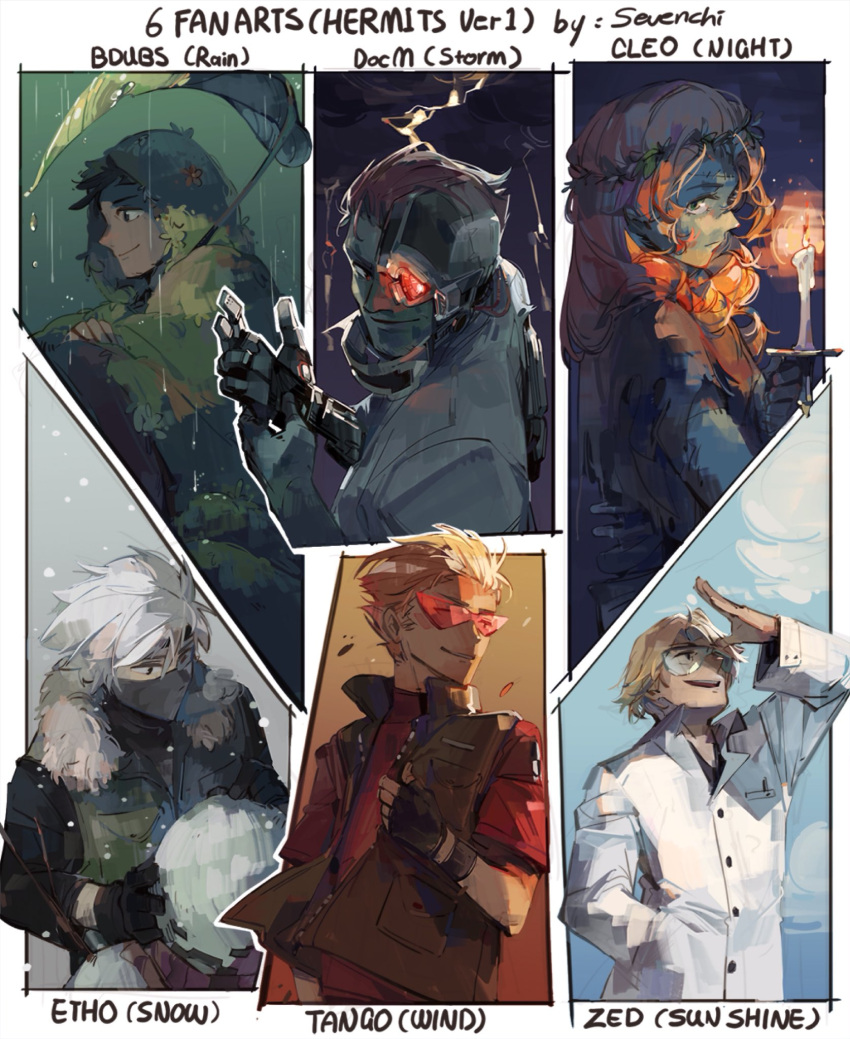 1girl, 5boys, bdoubleo100, blonde_hair, candle, character_name, commentary, dark-skinned_male, dark_skin, docm77, english_commentary, english_text, ethoslab, hermitcraft, highres, holding, holding_candle, jacket, lab_coat, leaf_umbrella, long_hair, looking_up, male_focus, mask, minecraft_youtube, moss, mouth_mask, multiple_boys, multiple_drawing_challenge, open_clothes, open_jacket, orange_hair, painterly, rain, sevenchi, short_hair, six_fanarts_challenge, snow, snowing, snowman, sunglasses, tangotek, white_hair, wind, zedaph, zombiecleo