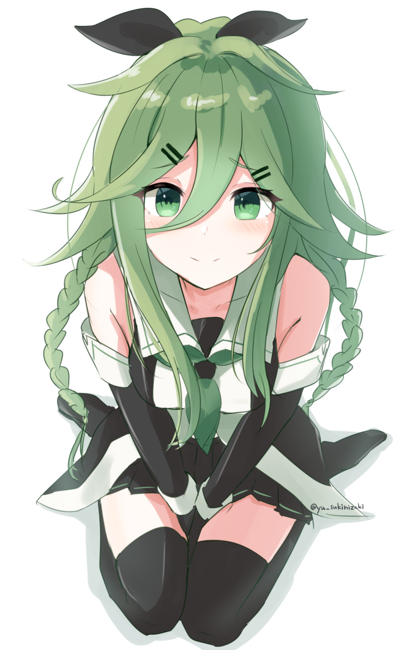 1girl, absurdres, between_legs, black_gloves, black_ribbon, black_serafuku, black_thighhighs, braid, breasts, elbow_gloves, gloves, green_eyes, green_hair, green_neckerchief, hair_between_eyes, hair_flaps, hair_ornament, hair_ribbon, hairclip, hand_between_legs, highres, kantai_collection, long_hair, neckerchief, ribbon, school_uniform, serafuku, side_braids, sitting, skirt, sukimizaki, thigh-highs, twin_braids, yamakaze_(kancolle), yamakaze_kai_ni_(kancolle)