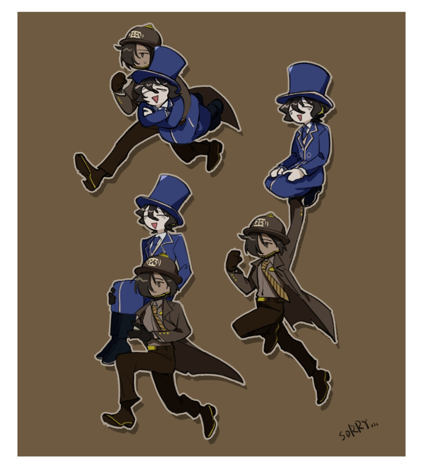 1boy, 1girl, black_footwear, black_gloves, black_hair, black_pants, blue_coat, blue_necktie, blue_pants, brown_coat, carrying, carrying_person, coat, collared_shirt, commentary, gloves, grey_shirt, hat, highres, hubert_(limbus_company), limbus_company, mai_(project_moon), necktie, pants, project_moon, sano0033x, shirt, shoes, short_hair, striped_necktie, symbol-only_commentary, top_hat, white_shirt