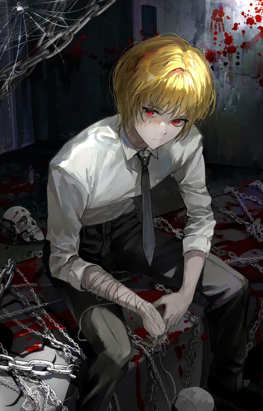 1boy, absurdres, bandaged_arm, bandages, black_necktie, black_pants, blonde_hair, blood