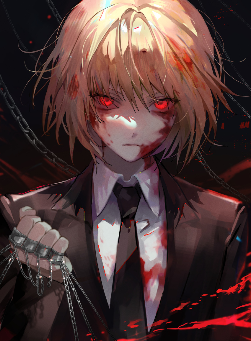 1boy, absurdres, black_necktie, black_suit, blonde_hair, blood, blood_on_clothes, blood_on_face