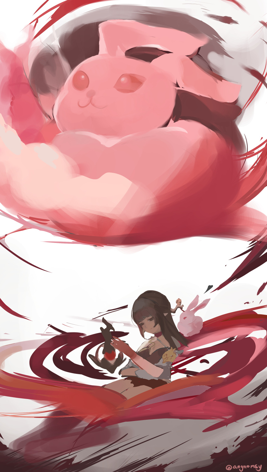 1girl, absurdres, angnomsy, brown_eyes, brown_hair, brown_shirt, colored_extremities, colored_smoke