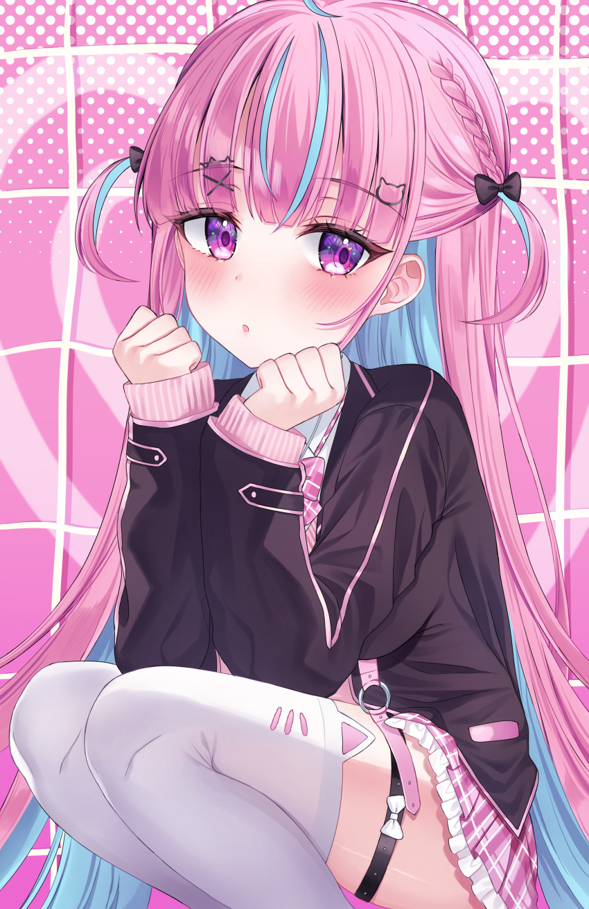 1girl, absurdres, black_bow, black_cardigan, blue_hair, blush, bow, cardigan, colored_inner_hair, hair_bow, hazumi071005, highres, hololive, long_hair, looking_at_viewer, minato_aqua, minato_aqua_(school_uniform), multicolored_hair, official_alternate_costume, pink_hair, pink_skirt, shirt, skirt, solo, thigh-highs, thigh_strap, two_side_up, violet_eyes, virtual_youtuber, white_shirt, white_thighhighs