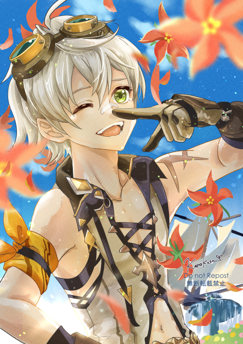 1boy, absurdres, bandaid, bandaid_on_face, bandaid_on_nose, bennett_(genshin_impact), blue_sky, clothing_cutout, collarbone, day, flower, fountain, genshin_impact, gloves, goggles, goggles_on_head, green_eyes, grey_hair, highres, karakusa_(ototsukiharu), navel, one_eye_closed, open_mouth, red_flower, scar, shirt, short_hair, sky, sleeveless, smile, teeth, upper_body