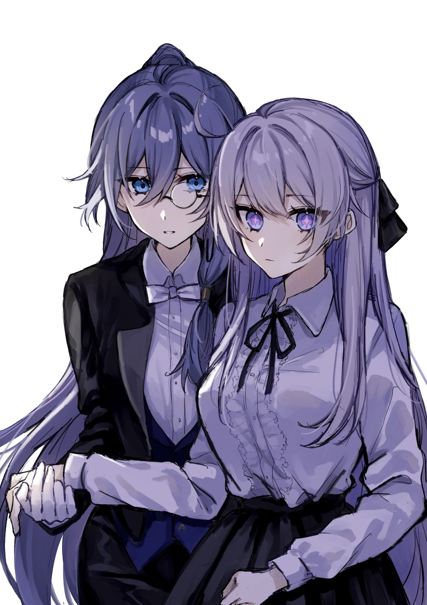 2girls, absurdres, alternate_costume, black_bow, black_bowtie, black_jacket, black_skirt, blue_eyes