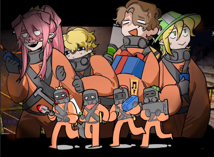 4boys, androgynous, animal_ears, blonde_hair, blood, borrowed_design, brown_hair, bucket_hat, chinese_commentary, clinging, commentary_request, cosplay, crossover, crown, english_commentary, flashlight, green_eyes, hat, holding, holding_flashlight, holding_shovel, humanization, lethal_company, long_hair, male_focus, mask, minecraft_youtube, mixed-language_commentary, multiple_boys, ph1lza, pig_boy, pig_ears, pig_mask, pink_hair, pointy_ears, ponytail, scared, short_hair, shovel, striped_clothes, striped_headwear, technoblade, tommyinnit, tusks, very_long_hair, wilbur_soot, worker_(lethal_company), worker_(lethal_company)_(cosplay), yaoyaoooc